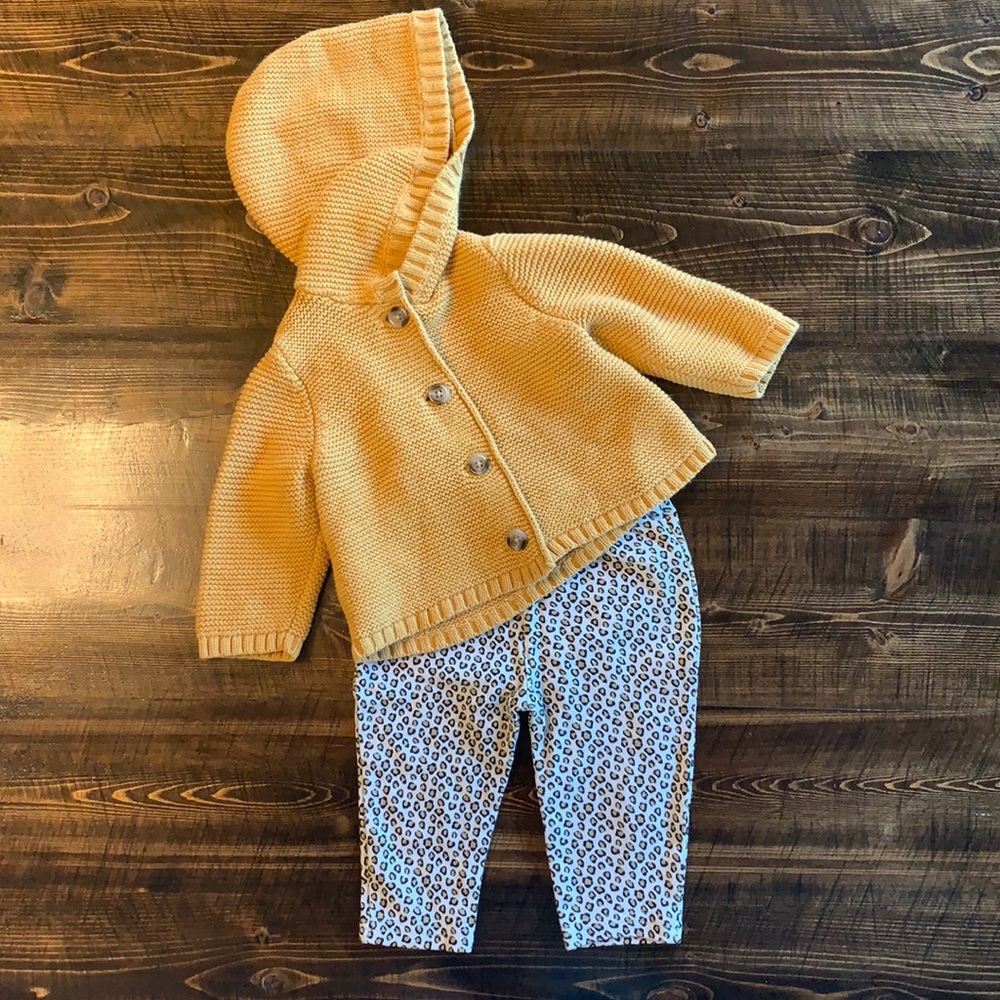 Cheetah print leggings and Old Navy sweater hoodie.
